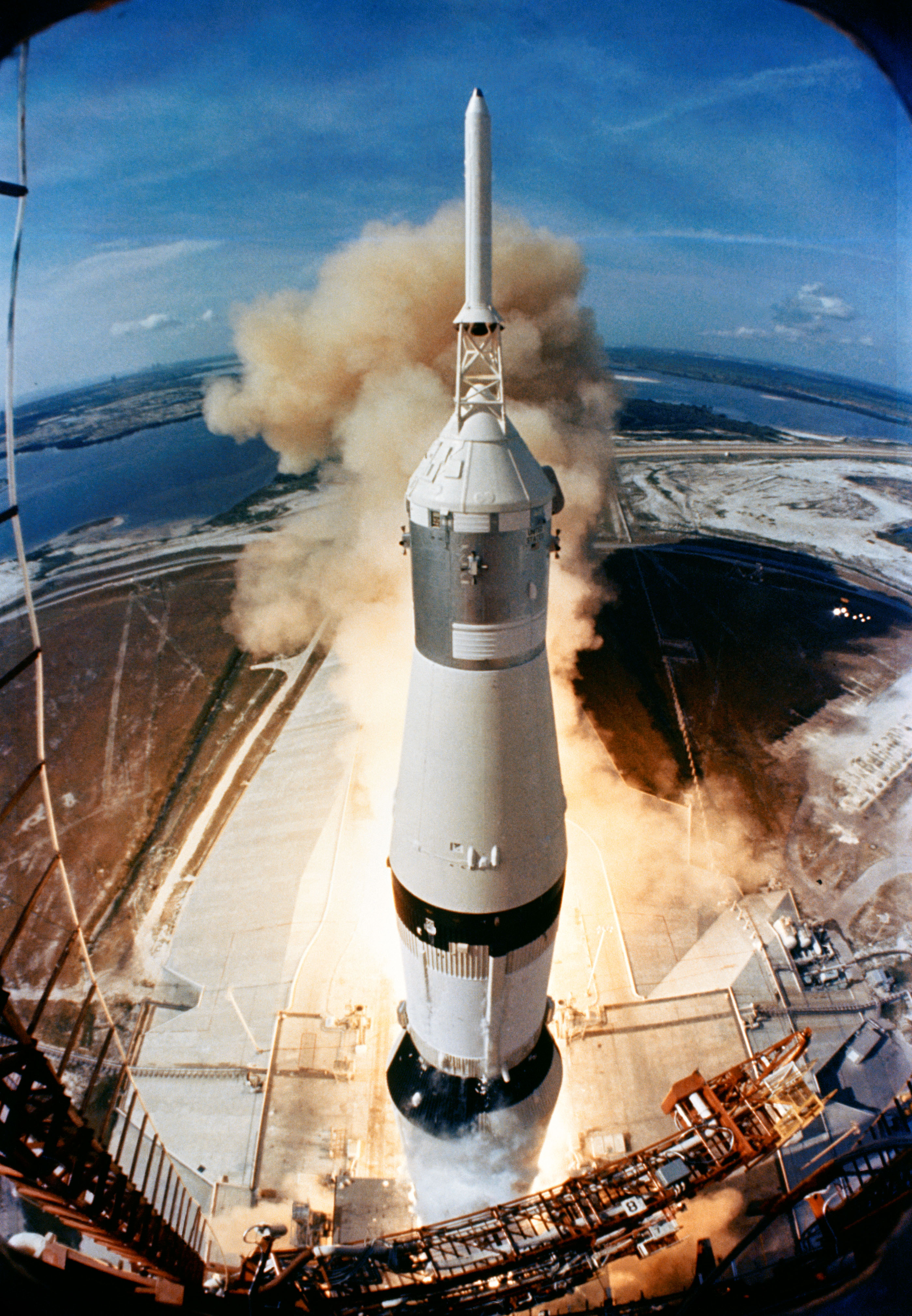 NASA photograph of the Apollo 11 Saturn V rising beside its launch tower at Kennedy Space Center on July 16, 1969.