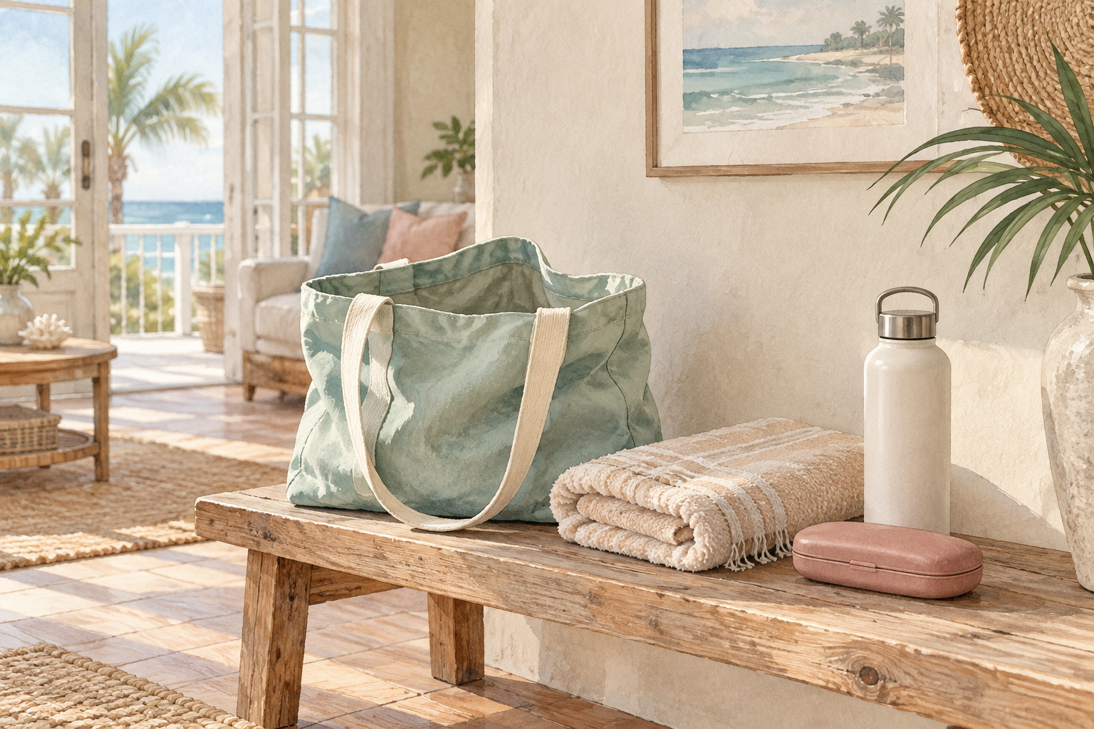 Watercolor of a seafoam beach bag, folded towel, reusable bottle and sunglasses case on a wooden bench.