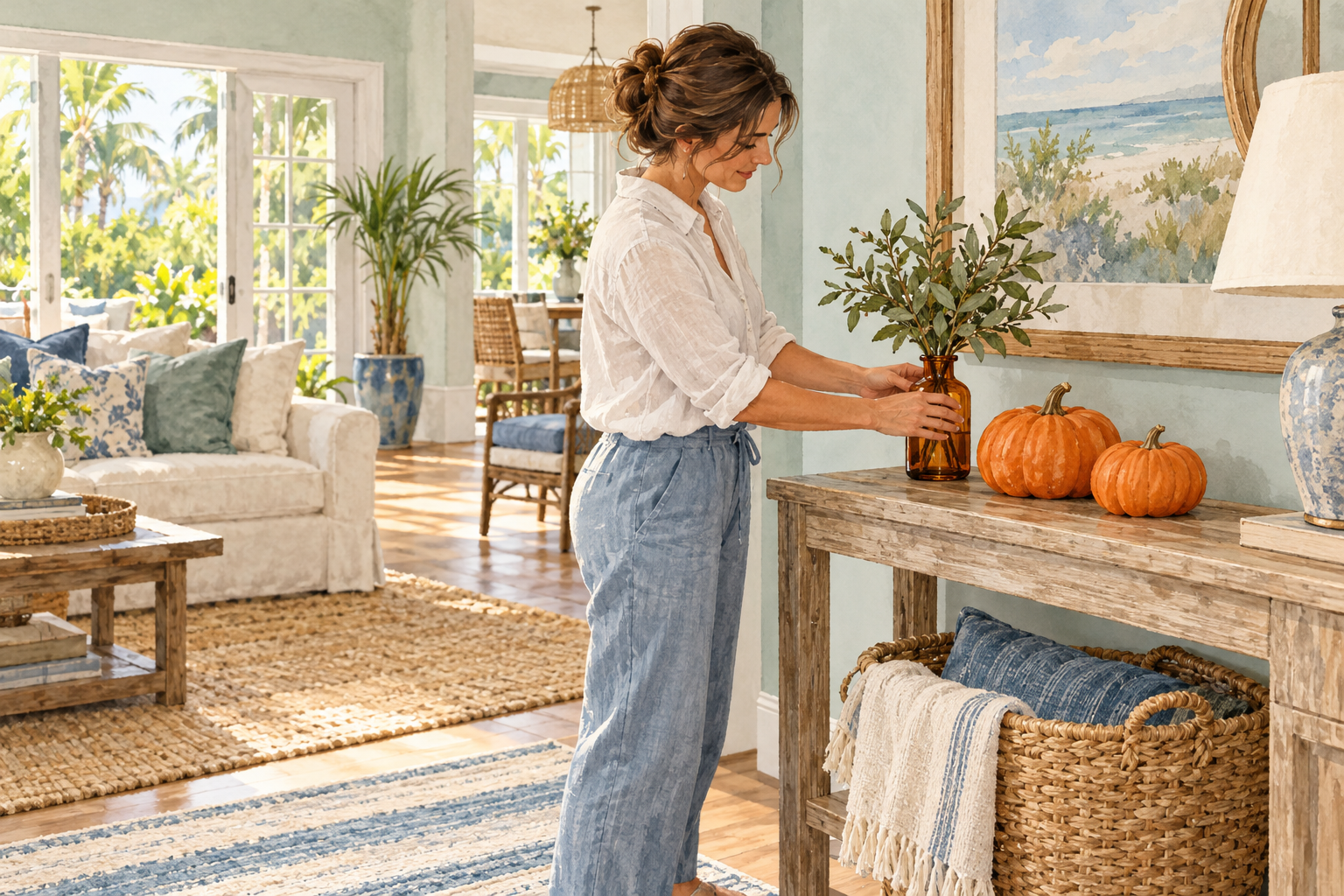 Watercolor of a woman arranging an amber vase beside two pumpkins on a console in a bright coastal home.
