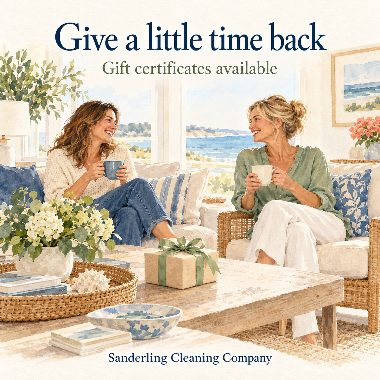 Watercolor of two friends enjoying coffee in a coastal living room beside a wrapped gift. Text reads Give a little time back, Gift certificates available, Sanderling Cleaning Company.