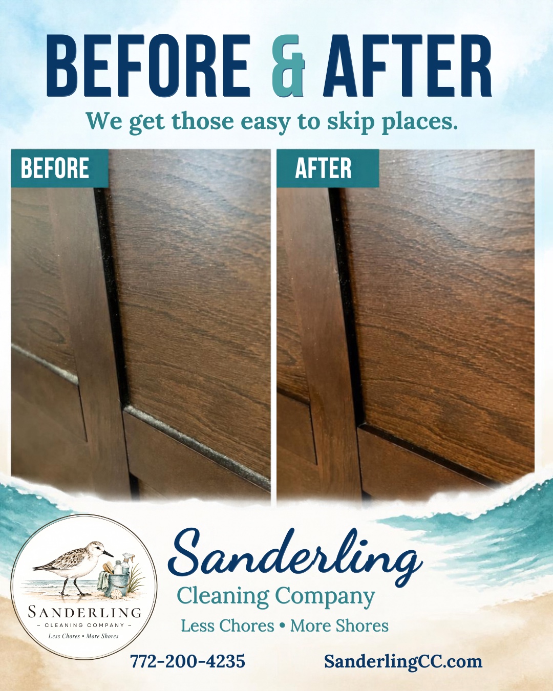 Before and after headboard cleaning showing dust removed from wood edges and grooves by Sanderling Cleaning Company.