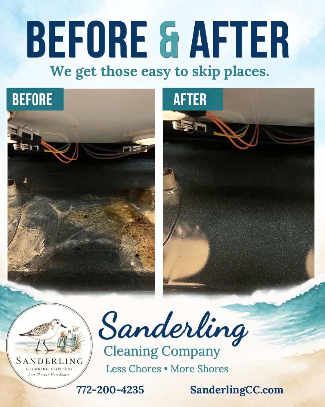 Before and after stove detail cleaning showing buildup removed from an accessible area.